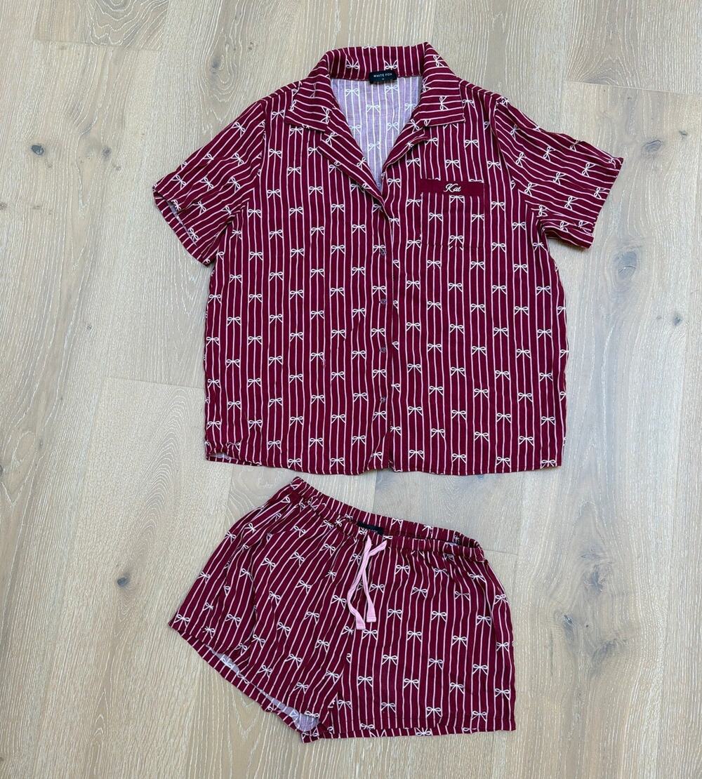 White Fox Shorts Pajamas Bow Print Personalized "Kat" Size S Burgundy Red